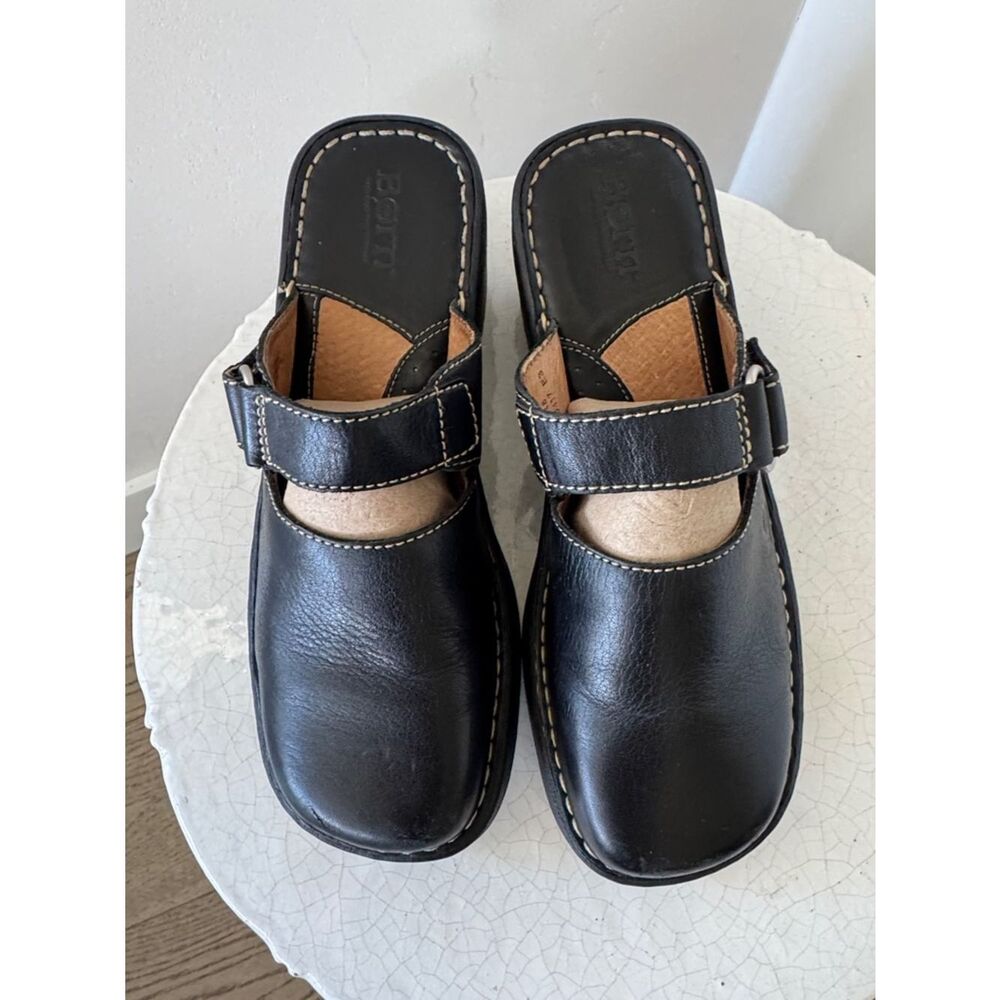 Born Y2K Black Leather Slip-On Clogs Wedge with Tan Stitching Accent Size 7 GUC - Picture 2 of 12